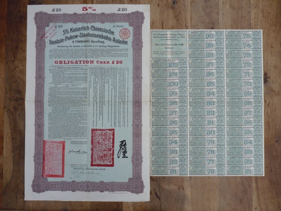 Tientsin-Pukow Railway Loan of 1910 20 Bond 