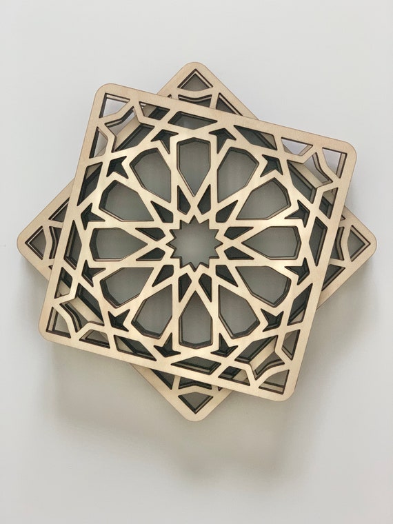 Wood Coasters - Set of 4 - Geometric Wood Coasters - Ramadan gift - Housewarming gift - Realtor Gift - Wedding Gift
