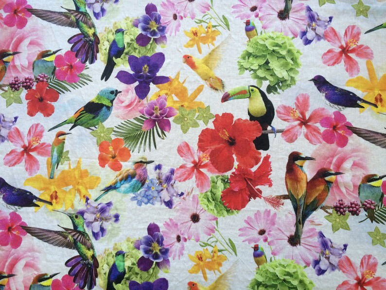 Bird print linen fabric / Linen fabric by yard / Stone washed Etsy