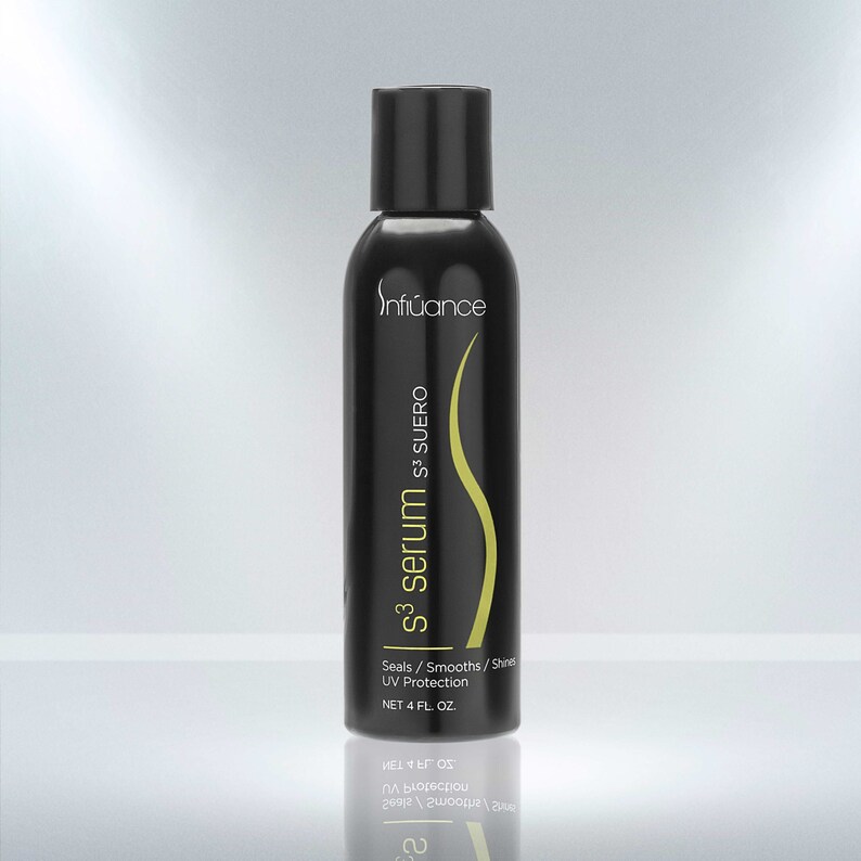 Może przedstawiać: Czarna butelka serum do włos&oacute;w z etykietą "s3 serum s&sup3; SUERO" z tekstem "Seals/Smooths/Shines UV Protection NET 4 FL. OZ."