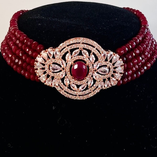 Bollywood Style Ruby Wine Color and Rose Gold Polish with CZ Necklace Earrings Choker Set in High Quality Beads and American Diamond