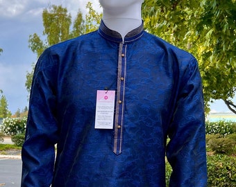 Blue Color Soft Silk Men Kurta Pajama for Men with Self Design material with small Zari Weave butti |Kurta with Lining | Mens Wear