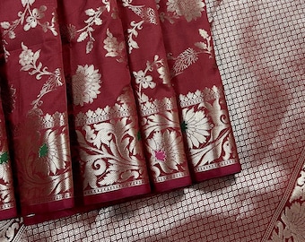 Statement Handmade Brick Red Color Semi Katan Banarasi Silk Saree