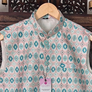 Size 44 | Ikkat Print Designer Multi-Color Soft Silk Jacket with Sequence Work in Teal Green | Jacket for Kurta | Groomsmen Wedding Jacket