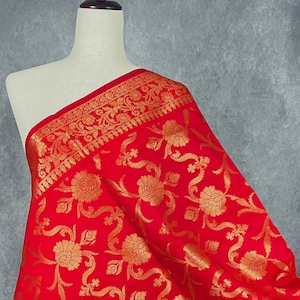 Red Color Floral Banarasi Soft Silk Dupatta with Gold Zari Weaving | Handmade Dupattas | Banarasi Soft Silk Dupattas | Dupatta for Lehenga