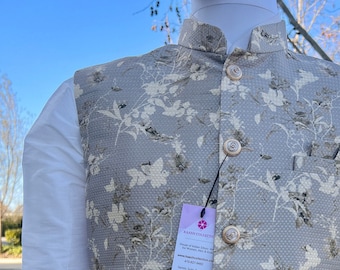 Chaqueta Nehru para hombre, gris claro con estampado floral / Ropa de fiesta de boda de yute y seda