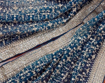 Teal Blue Color Organza Silk Dupatta with Muted Gold Zari, Embroidery and Sequin