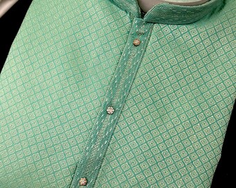 Designer Deep Sea Green Jacquard Silk Kurta Set | Embossed Embroidery Wedding Wear