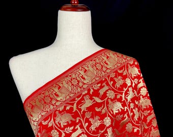 Red Shikargah Banarasi Silk Dupatta with Gold Zari Weave