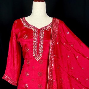 Readymade 3pcs Suit in Red Color For Women with Handwork