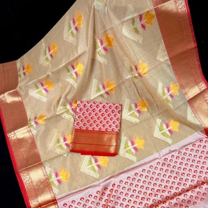 Handmade Gold Beige Banarasi Cotton Silk with Meenakari Flowers