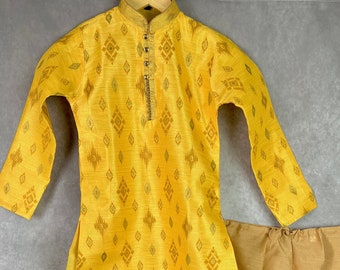 Boys Kurta Pajama Set in Yellow Color with Ikkat Prints | Raw Silk material with Cotton Lining  | Kurta Pajama for Boys | Indian Kids Wear