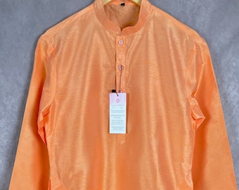 Peach Color Raw Silk Indian Men Short Kurta | Mens Ethnic Wear |  Indian Men Clothing | Kurta Only | Short Kurta | Kaash Collection