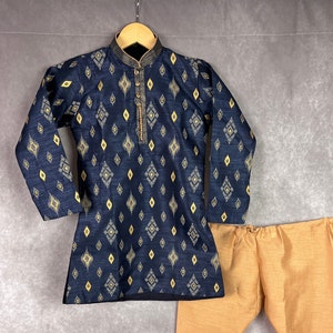 Boys Kurta Pajama Set in Dark Blue Color with Ikkat Prints | Raw Silk material with Cotton Lining  | Kurta Pajama for Boys | Indian Wear
