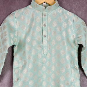 Size 7 | Sea Green Boys Kurta Pajama Set | Floral Butta Weaving design | Boys Wedding Wear Kurta Sets | Kurta Pajama Sets for Boys