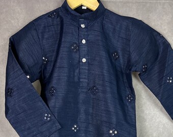 Size 6 Dark Blue 2pcs Boys Kurta Pajama Set in Soft Raw Silk with Lining | Embroidery Work | Boys Wedding Wear Kurta Sets | Kurta for Boys