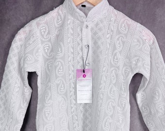 Boys White Georgette Kurta Pajama Set | Lucknowi Chikankari Embroidery