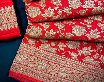 Sari de seda Khaddi Georgette Banarasi puro de color rojo - Tejido Zari antiguo - MARCA DE SEDA CERTIFICADA