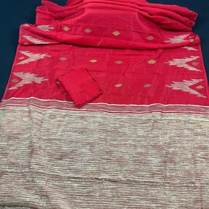 Beautiful Bengal Handloom Red Color Saree with Gicha and Zari Pallu | Cotton Silk Saree | Light Weight | Temple Borders | Bengal Sarees