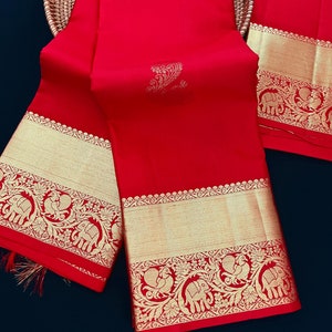 Chili Rot Reine Kanjivaram Seide Saree mit Gold Zari | Pfau und Elefant Motive Erbstück Kanchipuram Seide Saree | SEIDE MARK ZERTIFIZIERT