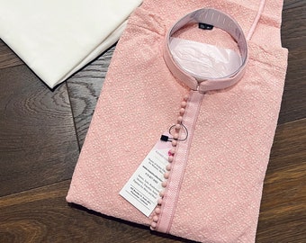 Set pigiama Kurta in georgette Chikankari rosa baby / ricamo Lucknowi