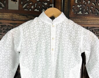 White Lucknowi Chikankari Cotton Kurta Pajama Set for Boys