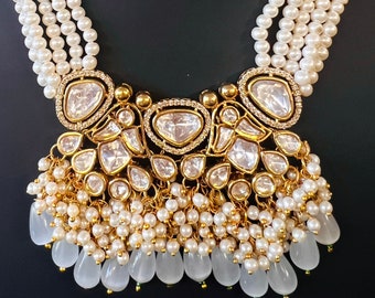 Statement Kundan Necklace & Earrings Set | Grey Monalisa Beads, Bollywood Jewelry