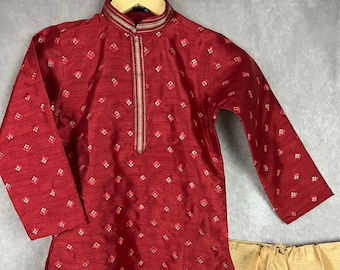 Boys Raw Silk Red Maroon Kurta Pajama Set with Embroidery and Sequence Work | Kids Festive Wear | Kids Wear | Boys Ethnic Wear | Kids Wear