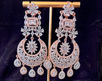 Pendientes llamativos estilo Chandbali en oro rosa con diamantes americanos de primera calidad / Joyería india / Pendientes AD / Pendientes largos / Ligeros