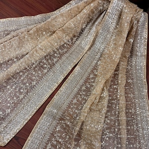 Statement Gold Beige Color Organza Silk Dupatta with Muted Gold Zari, Embroidery and Sequin | Wedding Dupatta | Dupatta for Lehangas image 1