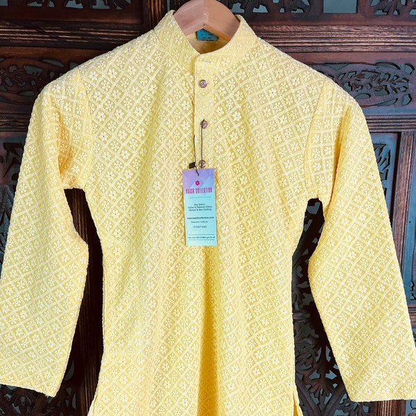 Yellow Color Kurta Pajama for Boys in Georgette material with Lucknowi Chikankari Work | Boys Kurta Pajama | Boys Kurtas | Kaash Collection