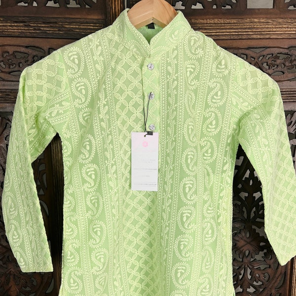 Light Parrot Green Kurta Pajama for Boys in Georgette material with Lucknowi Chikankari Work | Boys Kurta Pajama | Boys Kurtas