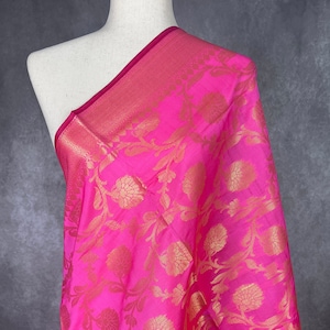 Pink Silk Soft  Banarasi  Silk Light Weight Dupatta with Gold Floral design | Dupattas | Silk Dupatta | Stole | Scarf | Gift For Her| Kaash