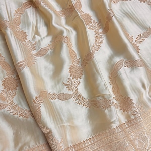 Statement Creamy Gold Color Pure Banarasi Satin Silk Saree with Handwoven Gold Zari Weaved Saree  | Silk Mark Certified | Kaash Collection