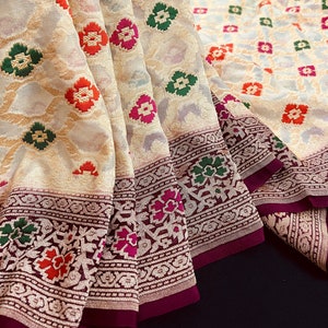 Cream Gold Pure Khaddi Georgette Banarasi Silk Saree | Floral Meenakari Sarees | Banarasi Handwoven Pure Saree | SILK MARK CERTIFIED
