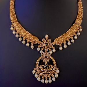 Handmade Antique Gold Finish Necklace and Earrings Set with Pearls and Kamp Stones | Indian Jewelry | Handmade Jewelry
