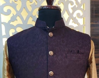 Eggplant Color Modi Nehru Jacket For Men |  Mens Jacket | Jacket for Kurta | Raw Silk Jackets for Men Kurta | Waistcoat | Party Wear for Men