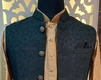 Chaqueta Modi Nehru de seda cruda verde botella para hombre, chaleco Kurta de diseñador