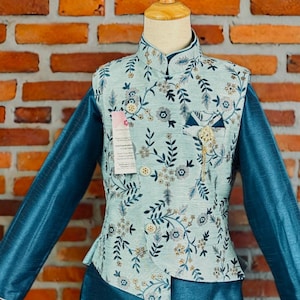 Boys Kurta Pajama with Jacket in Teal Blue Color | Boys 3pcs Set | Emberiodered Jacket | Fancy Party and Wedding Wear for Boys