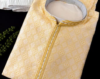 Grand Yellow Color Men's Soft Silk Kurta Pajama Set | Yellow Haldi Function Wear
