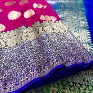 Magenta Pink with Green and Blue color combination Traditional Satin Border Banarasi Handloom Soft Silk Saree