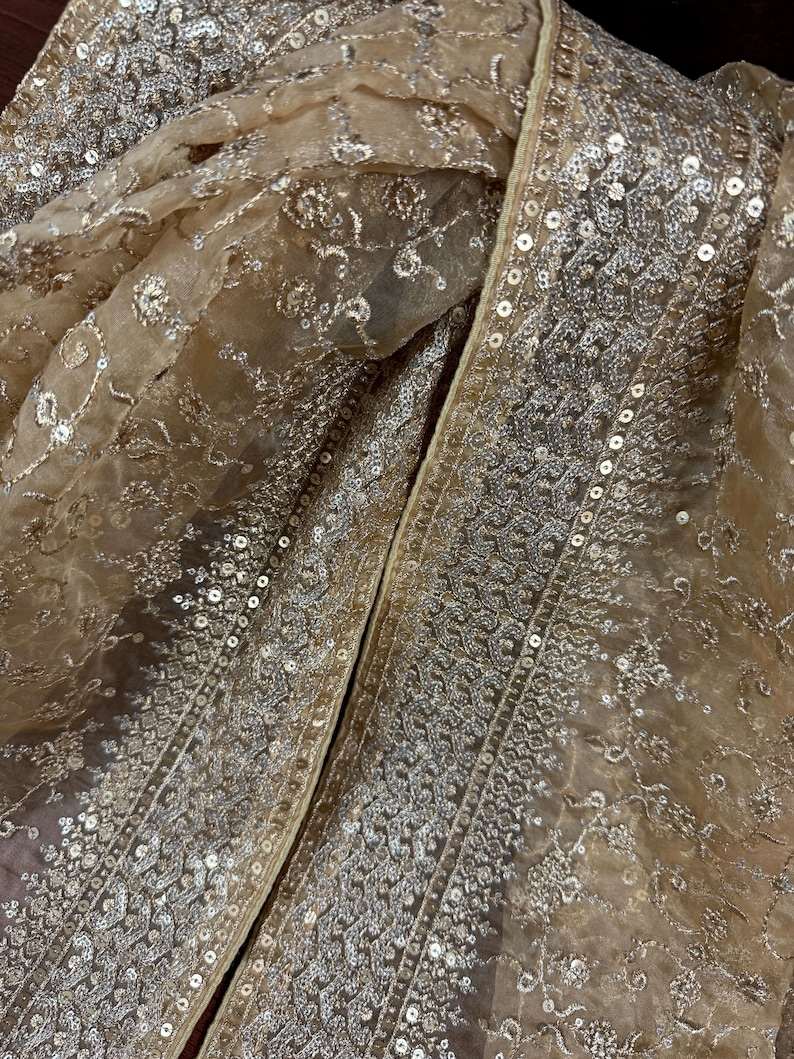 May include: Close-up of a beige fabric with intricate floral embroidery and shimmering sequins. The fabric has a delicate, sheer quality, with a detailed border along the edges. The overall effect is elegant and ornate.