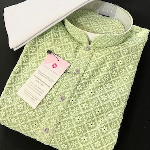 Size- 46 Parrot Green Chikankari Lucknowi Georgette Men Kurta Pajama Set with Lining | Chikhankari Kurtas | Mens Ethnic Wear | Kaash Kurtas