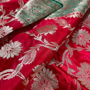 Bright Red Color and Bottle Green Traditional Banarasi Satin Silk Saree with Floral Jaal Pattern and Meenakari | Ships from California