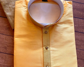 Mango Yellow  Soft Silk Kurta Pajama Set with Lining | Mens Ethnic Wear |  Festival Mens Wear | Men Kurta Pajama Set | Kaash Collection