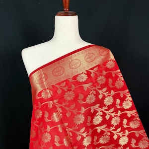 Red Color Cotton Silk floral Banarasi Dupatta with Gold Zari Weaving | Handmade Dupattas | Banarasi Soft Silk Dupattas | Dupatta for Lehenga