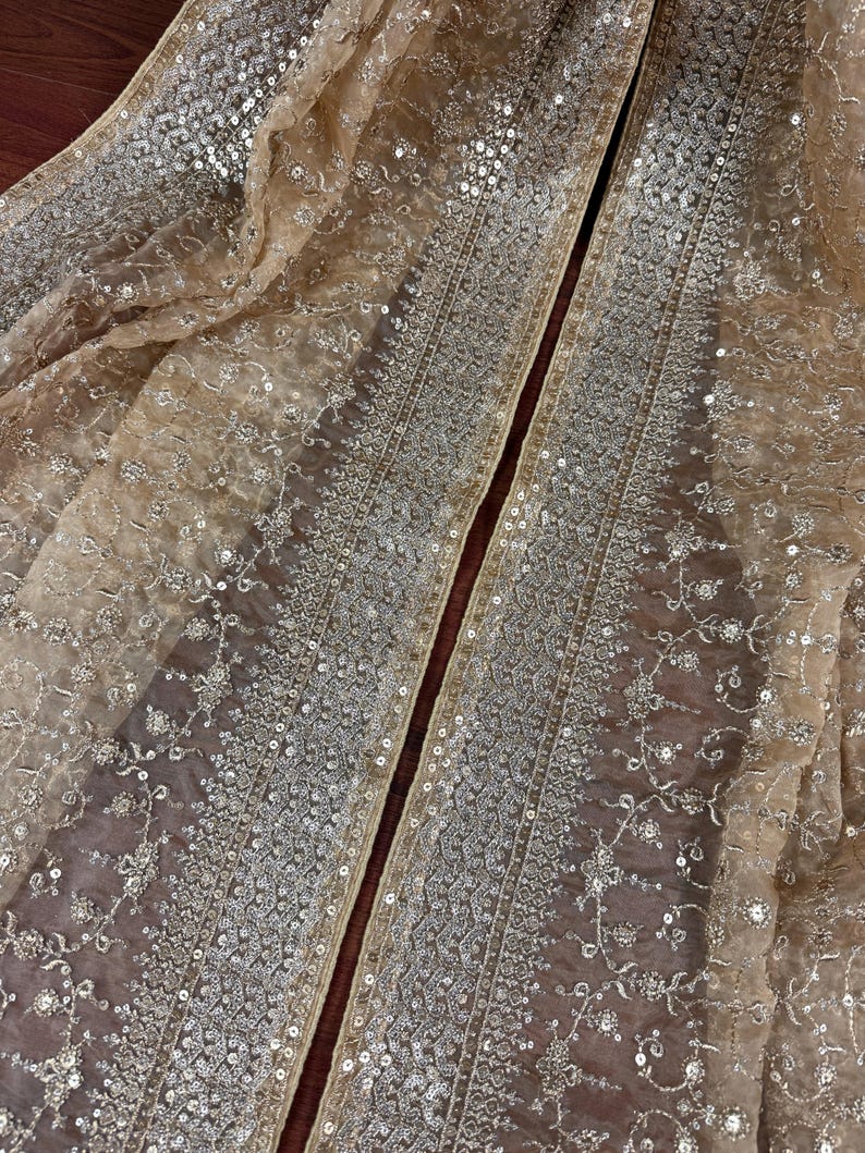 Statement Gold Beige Color Organza Silk Dupatta with Muted Gold Zari, Embroidery and Sequin | Wedding Dupatta | Dupatta for Lehangas image 3