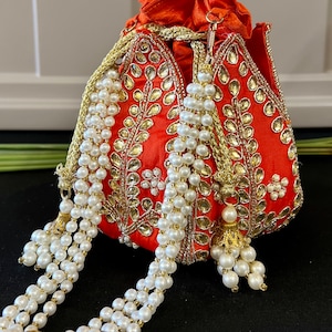Bright Orangish Red Wedding Potli Bag | Handmade Embellished Stone and Pearl |  Desi Indian Pakistani Wedding Purse | Evening Party Purse