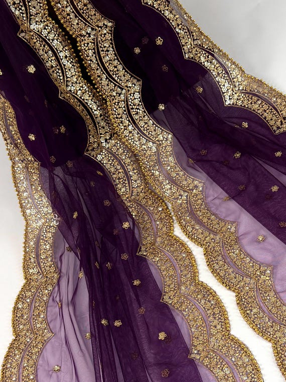 Purple Color Net Dupatta with Zari, Sequin and Beads | Purple Net Dupatta | Sequin Dupatta | Sequin Dupattas | Indian Dupatta for Lehanga