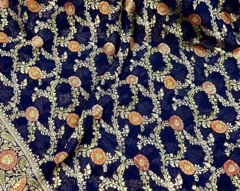 Navy Blue Georgette Silk Saree with Jaal Floral Weave, Meenakari